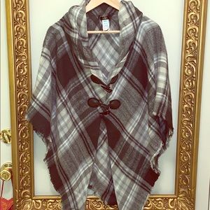 Black, white and grey plaid poncho
